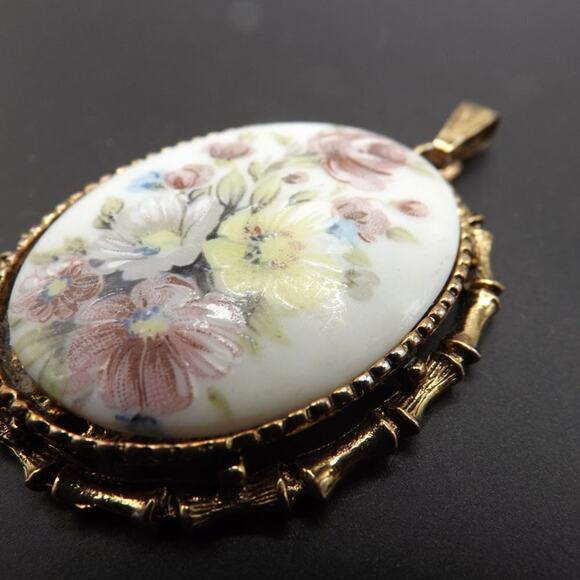 Vintage Floral Porcelain Oval Pendant, Bamboo Design Frame, No Chain, 2 3/8 Inch - Picture 6 of 10